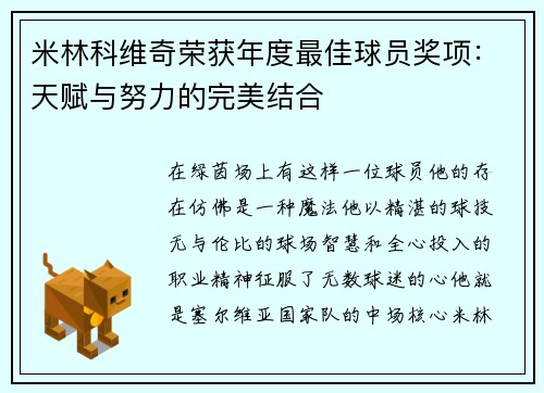 米林科维奇荣获年度最佳球员奖项：天赋与努力的完美结合