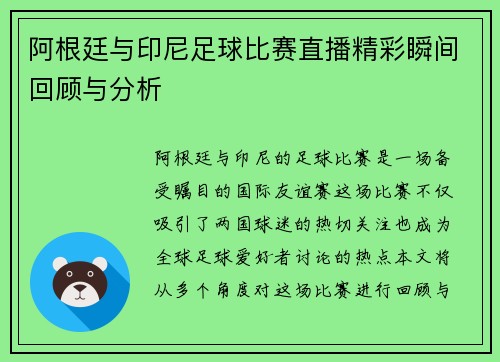 阿根廷与印尼足球比赛直播精彩瞬间回顾与分析