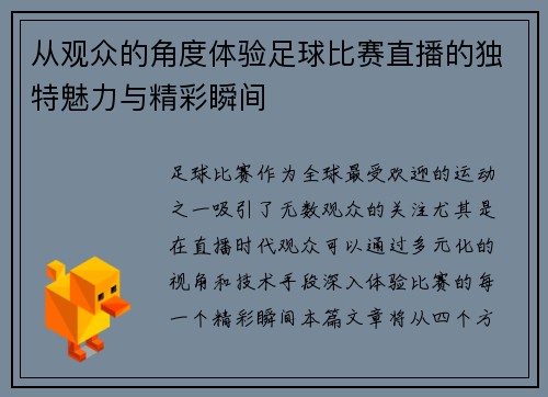 从观众的角度体验足球比赛直播的独特魅力与精彩瞬间